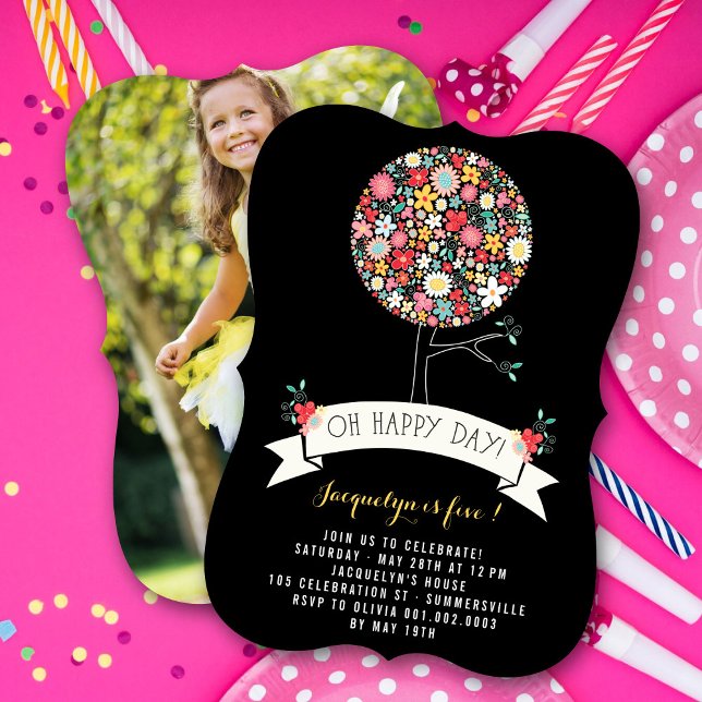 Spring Blumen Pop Tree Girl Birthday Party Foto Einladung (Whimsical Colorful Spring Flowers Pop Tree Girl's Birthday Party Photo Invitation @ fat_fa_tin)