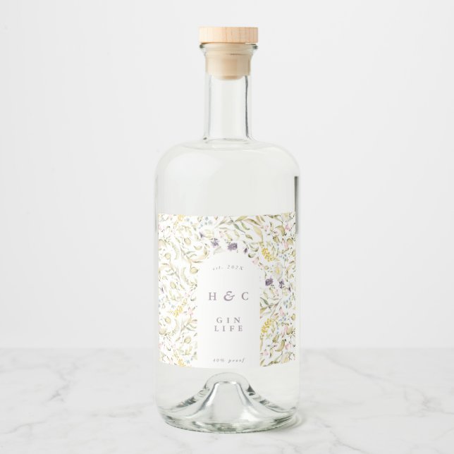 Spring Boho Wildblume Pampas Gin Alkoholflaschenetikett (Vorderseite)