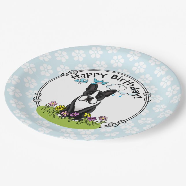 Spring Boston Terrier (schwarzer Niedlicher Hund) Pappteller (Schrägansicht)
