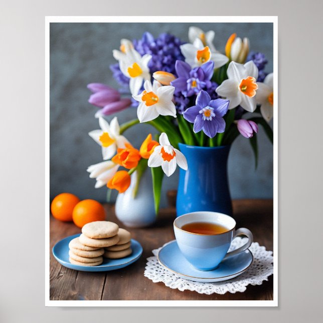 Spring Bouquet von Daffodils Hyacinths Teacup Poster (Vorne)