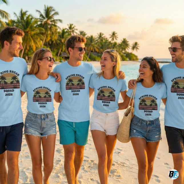 Spring Break Squad 2026 Retro Sunset Palm Trees  T-Shirt (Von Creator hochgeladen)