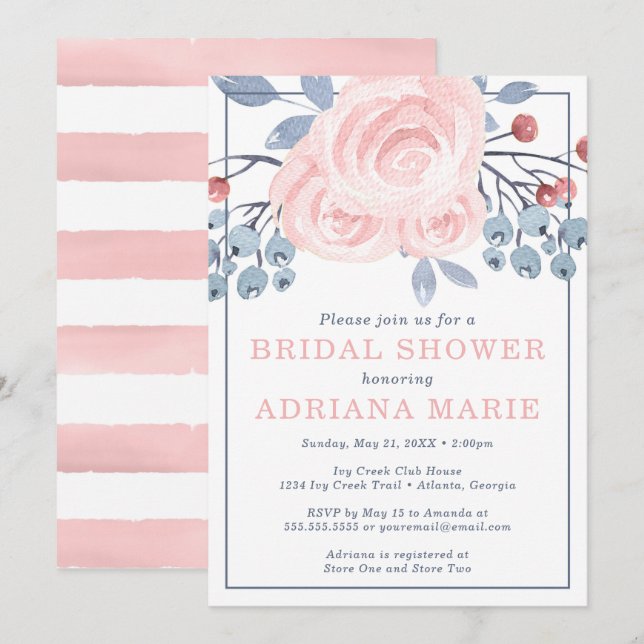 Spring Bridal Dusche Einladung, Aquarellfarben Blu Einladung (Vorne/Hinten)