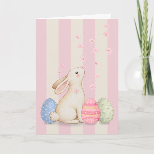 Spring Bunny and Eggs Pink Stripes 5x7 Easter Card Dankeskarte (Vorderseite)