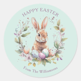 Spring Bunny Easter Eggs Wreath Personalized Runder Aufkleber