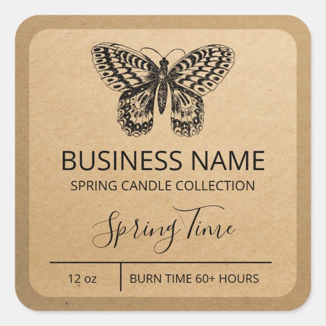Spring Butterfly Kraft Paper Soy Candle Labels Quadratischer Aufkleber (Vorderseite)