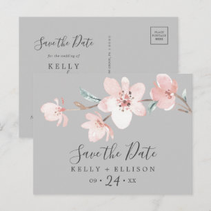 Spring Cherry Blossom Grau Save the Date Postkarte