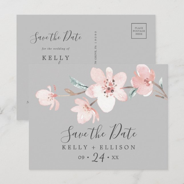 Spring Cherry Blossom Grau Save the Date Postkarte (Vorne/Hinten)