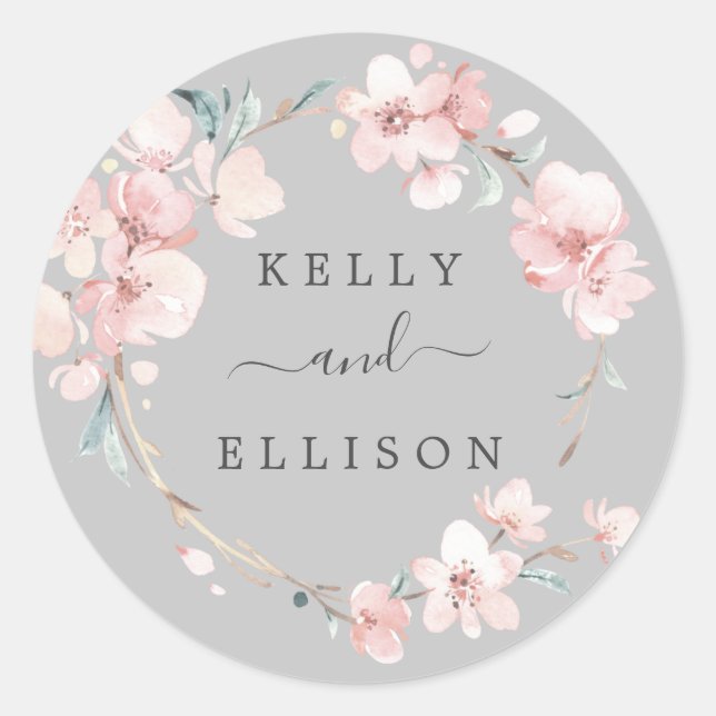 Spring Cherry Blossom Gray Wedding Umschlag Aufkle Runder Aufkleber (Vorderseite)