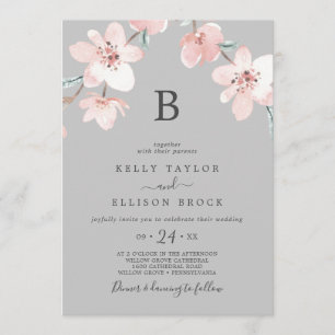 Spring Cherry Blossom   Grey Monogram Wedding Einladung