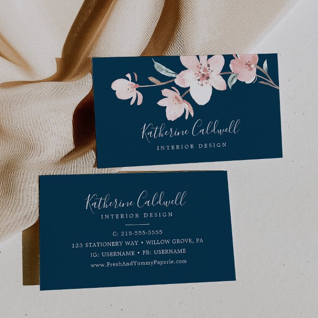 Spring Cherry Blossom | Navy Business Card Visitenkarte (Von Creator hochgeladen)