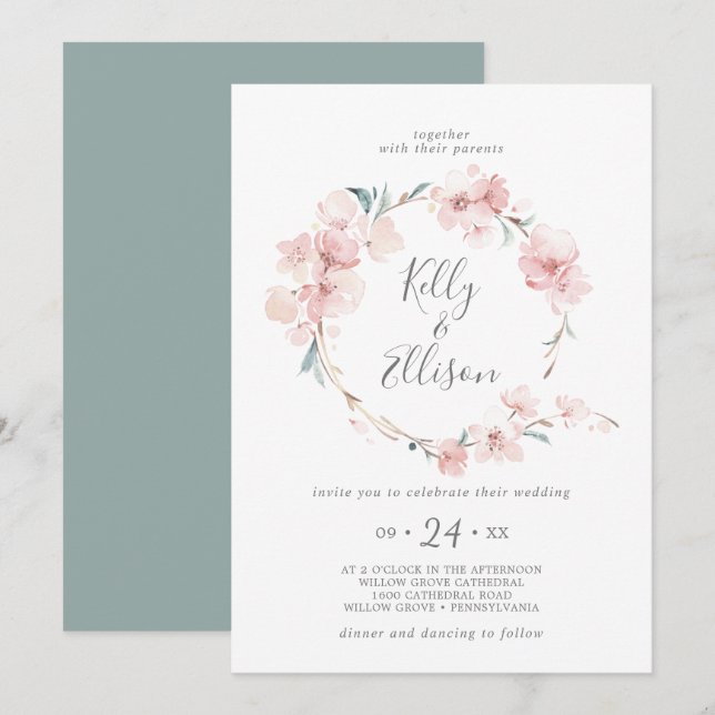 Spring Cherry Blossom Wreath Wedding Einladung (Vorne/Hinten)