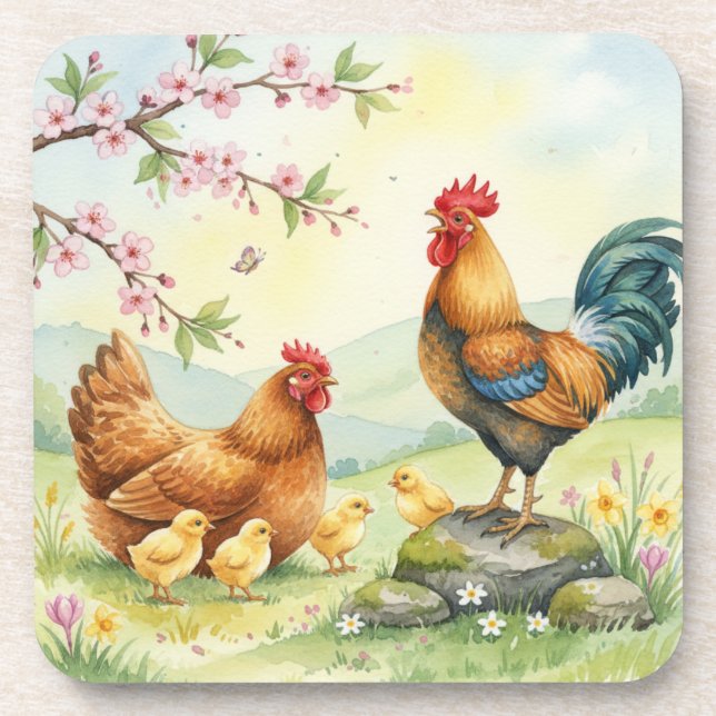 Spring chicken rooster farm country coasters getränkeuntersetzer (Vorderseite)