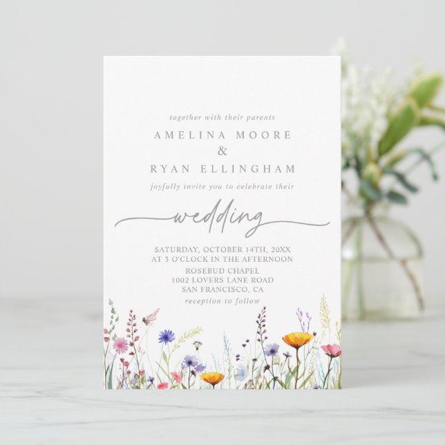 Spring Colorful Wildflower Front & Back Wedding Einladung (Stehend Vorderseite)