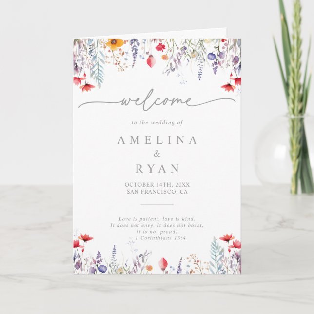 Spring Colorful Wildflower Minimal Folded Wedding Programm (Vorderseite)
