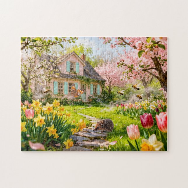 Spring Cottage with Bees, Hedgehog and Blossoming  (Horizontal)