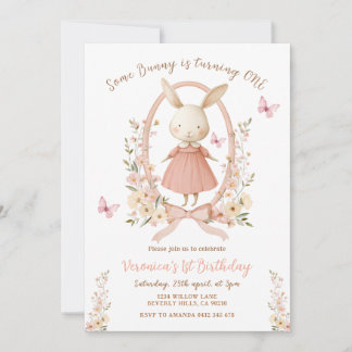 Spring Cute Floral Bunny Rabbit 1st Birthday Einladung