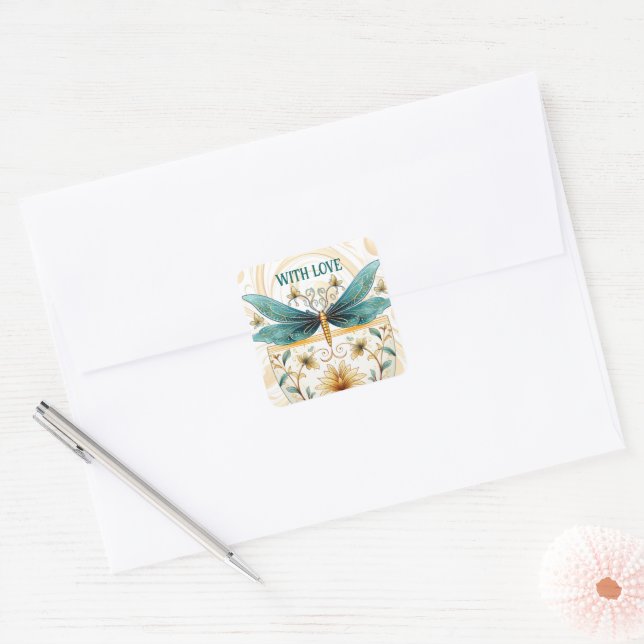 Spring dachte Whimsical Blue und Gold Dragonfly Quadratischer Aufkleber (Umschlag)