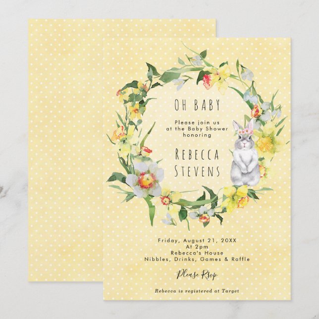 spring daffodil bunny baby shower invitation (Devant / Derrière)