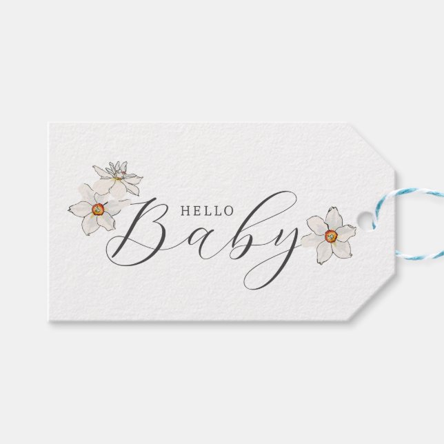 Spring Daffodil Hello Baby Script Baby Dusche Geschenkanhänger (Vorderseite (Horizontal))