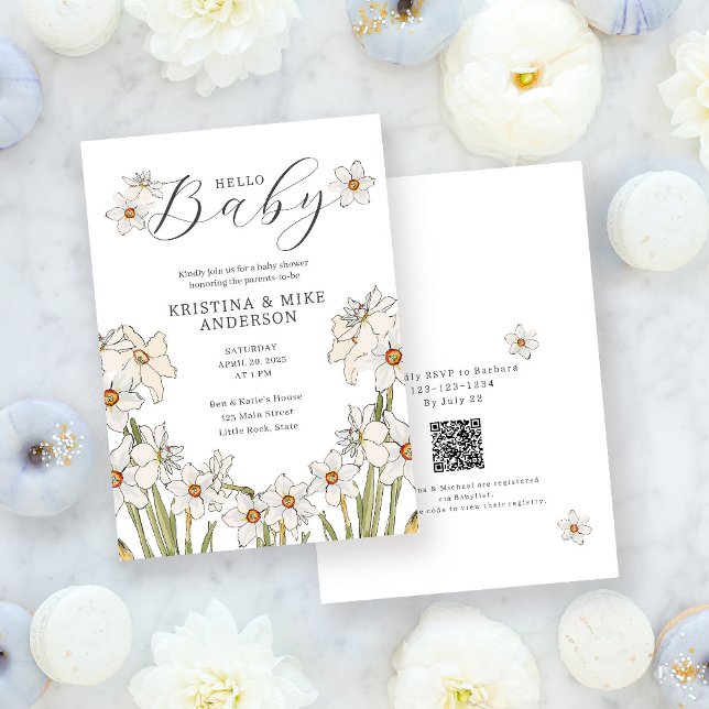 Spring Daffodil QR Code Hello Baby Shower Einladung (Von Creator hochgeladen)