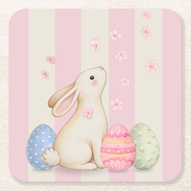 Spring Easter Bunny & Eggs Stripe  Rechteckiger Pappuntersetzer (Vorderseite)