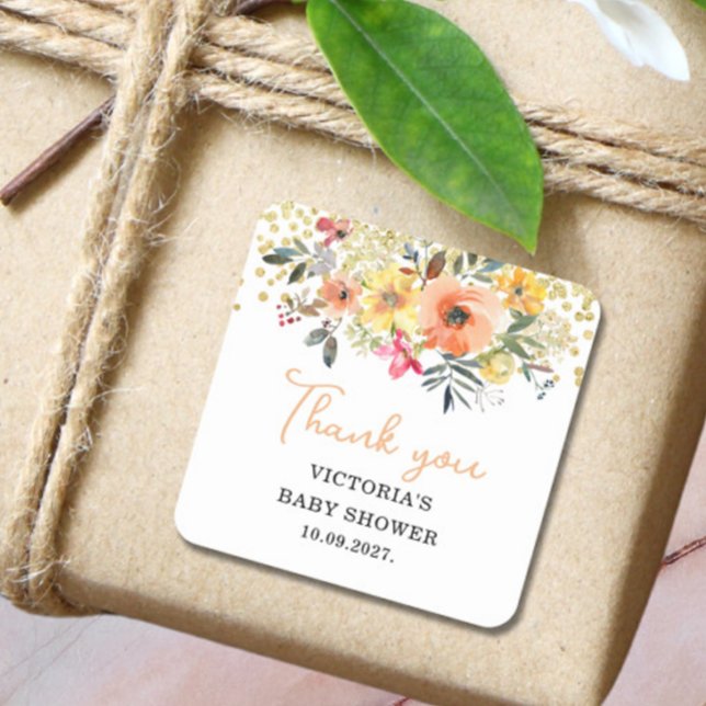 Spring Floral Baby Shower  Quadratischer Aufkleber (Von Creator hochgeladen)