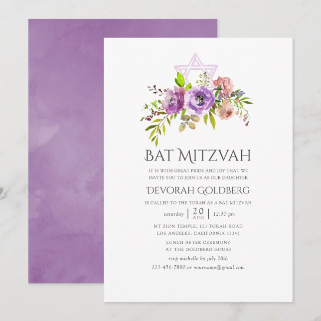 Spring Floral Bat Mitzvah Einladung (Vorne/Hinten)