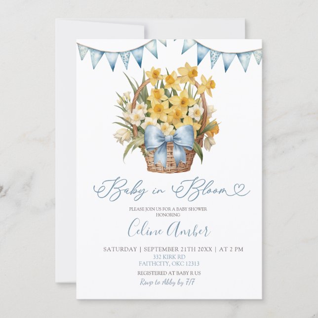 Spring Floral Blue Coquette Baby Shower Einladung (Vorderseite)