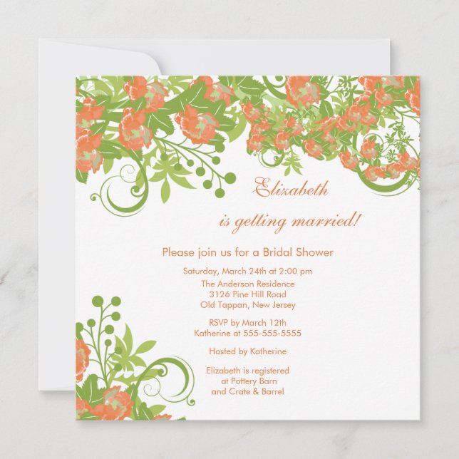 Spring Floral Bridal Dusche Einladung Koralle Rose (Vorderseite)