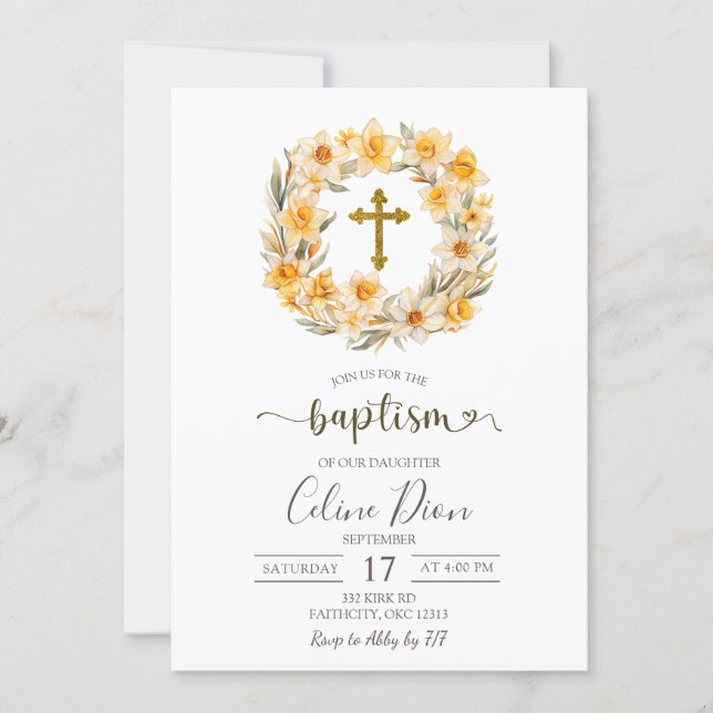 Spring Floral Daffodil Wreath Baptism Einladung (Vorderseite)