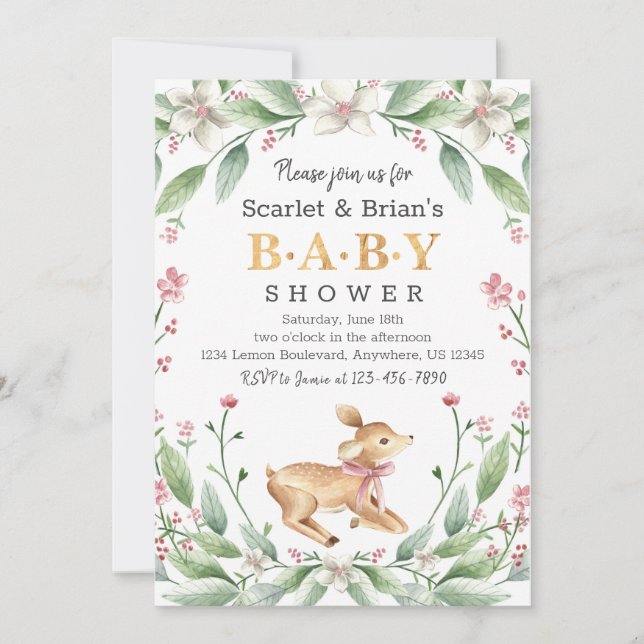 Spring Floral Fawn Woodland Wild Deer Baby Shower Einladung (Vorderseite)