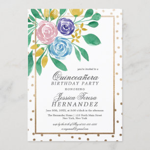 Spring Floral Gold Confetti Wasserfarbe Quinceañer Einladung