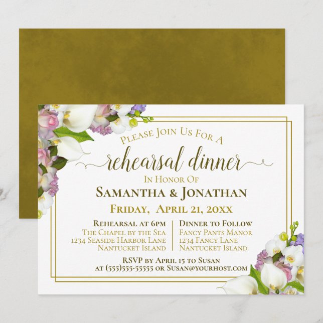 Spring Floral Gold Hochzeit Probe & Dinner Einladung (Vorne/Hinten)