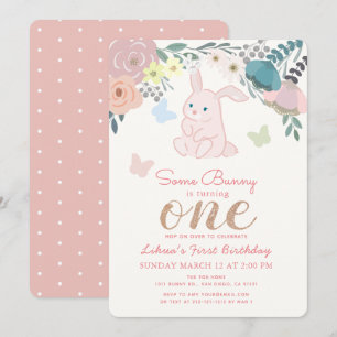 Spring Floral Pink Bunny Girl's 1st Birthday Einladung
