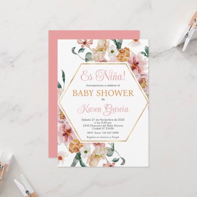 Spring Floral Spanish Baby Shower Girl Einladung (Vorderseite/Rückseite Beispiel)
