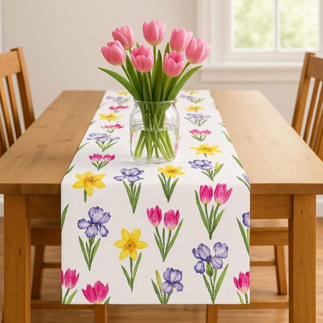 Spring Floral Tulips Daffodils Irises Kurzer Tischläufer (Mockup of spring floral table runner.  Not actual size of runner, shown wider that actual )