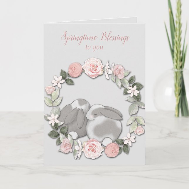 Spring Floral Wreath Bunnies Osterkarte Karte (Vorderseite)