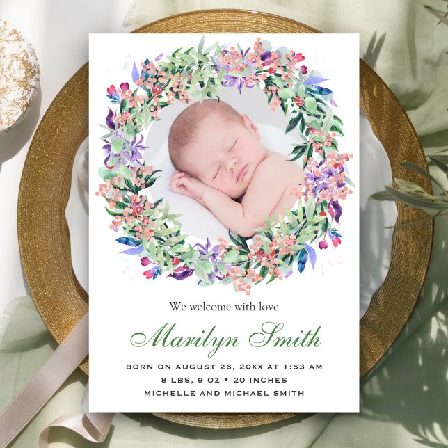 Spring Floral Wreath Foto Birth Announcement Ankündigung (Von Creator hochgeladen)