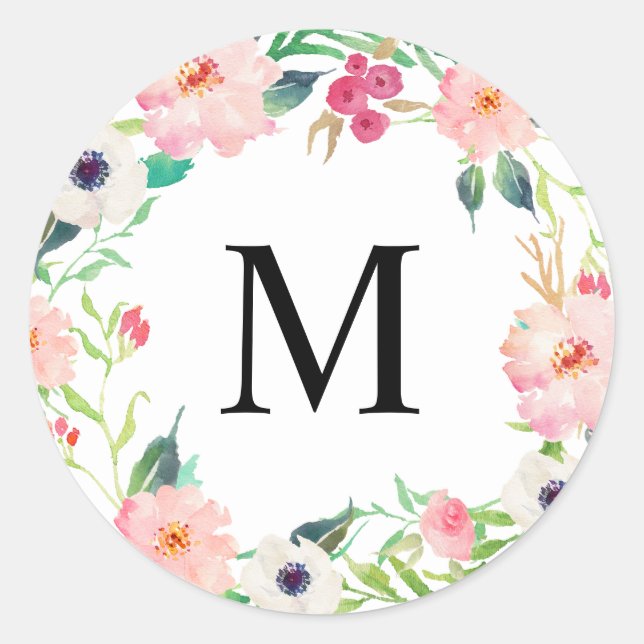 Spring Florals Monogram Runder Aufkleber (Vorderseite)