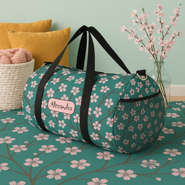 Spring flowers cherry blossom green seamless duffle bag (Von Creator hochgeladen)