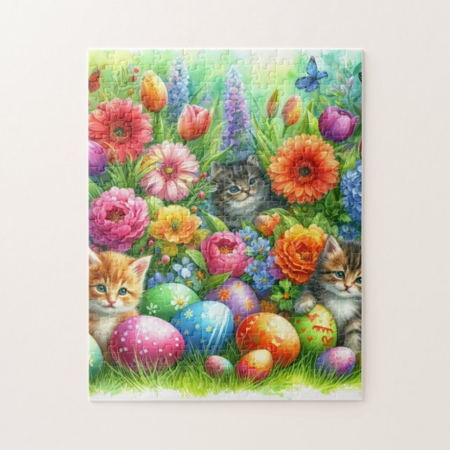 Spring Flowers Easter Eggs and Kittens in Garden  (Vertikal)