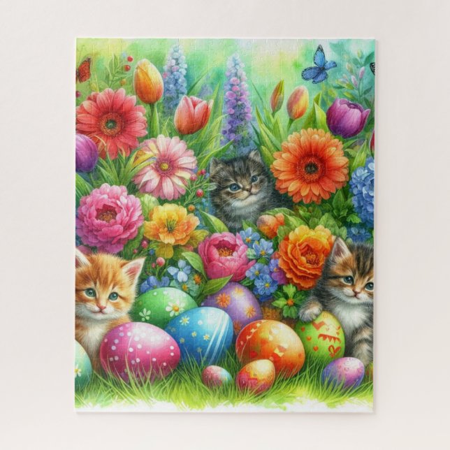 Spring Flowers Easter Eggs and Kittens in Garden  (Vertikal)