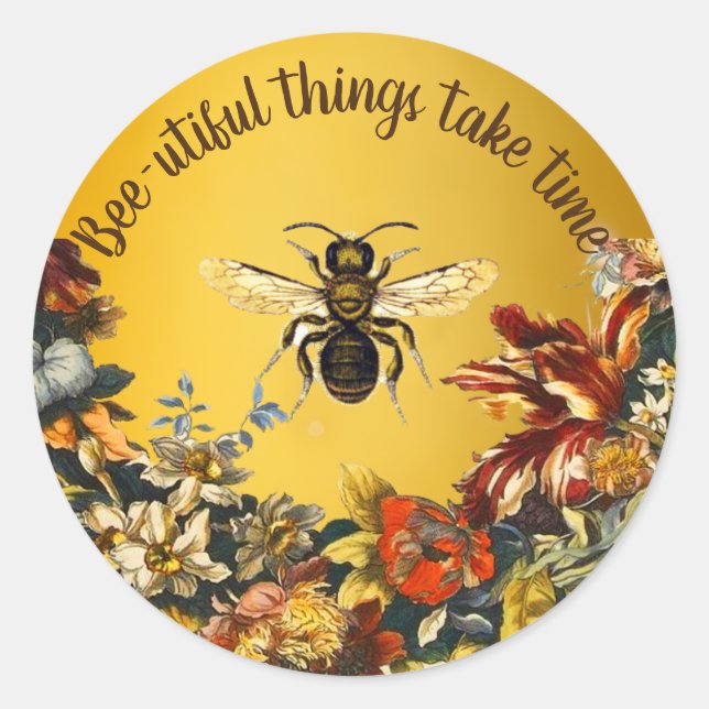 SPRING FLOWERS HONEY BEE / BEEKEEPER FLORAL RUNDER AUFKLEBER (Vorderseite)