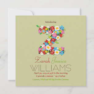 Spring Flowers Monogram Baby Girl Foto Birth Ankündigung