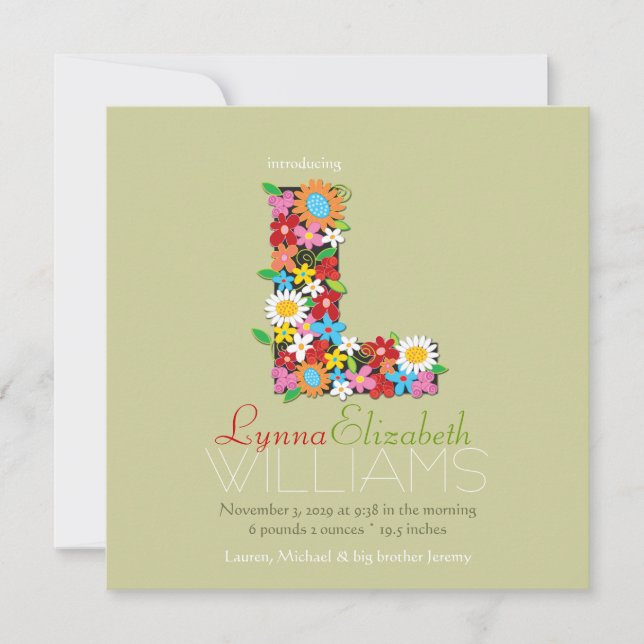 Spring Flowers Monogram Baby Girl Foto Birth Ankündigung (Vorderseite)