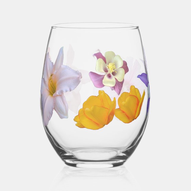 Spring Flowers Stemless Wine Glass Weinglas Ohne Stiel (Vorderseite)