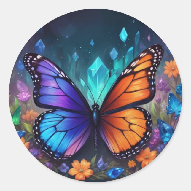 Spring Garden Fantasy Crystal Monarch Butterfly Runder Aufkleber (Vorderseite)