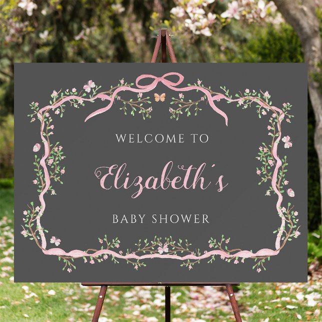 Spring Garden Gray & Pink Baby Dusche Willkommen Poster (Von Creator hochgeladen)