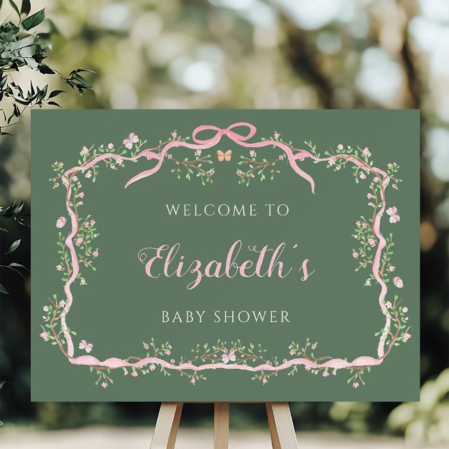 Spring Garden Sage Green Pink Baby Dusche Willkomm Poster (Von Creator hochgeladen)