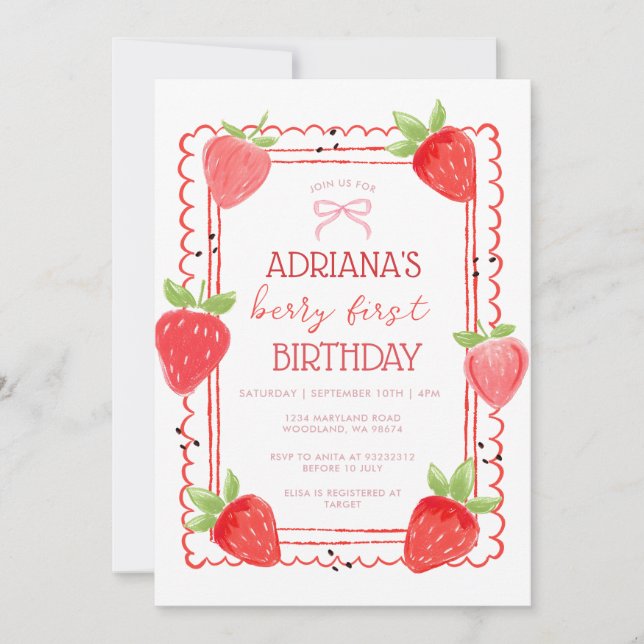 Spring Girl Berry First Birthday Invitation Einladung (Vorderseite)